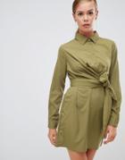 Boohoo Tie Waist Shirt Dress In Khaki - Gray