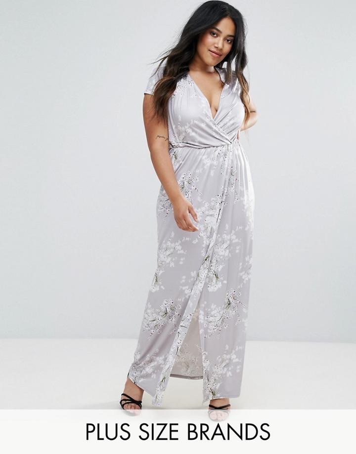 Club L Plus Wrap Slinky Maxi Dress With Cap Sleeve In Print - Multi