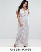 Club L Plus Wrap Slinky Maxi Dress With Cap Sleeve In Print - Multi