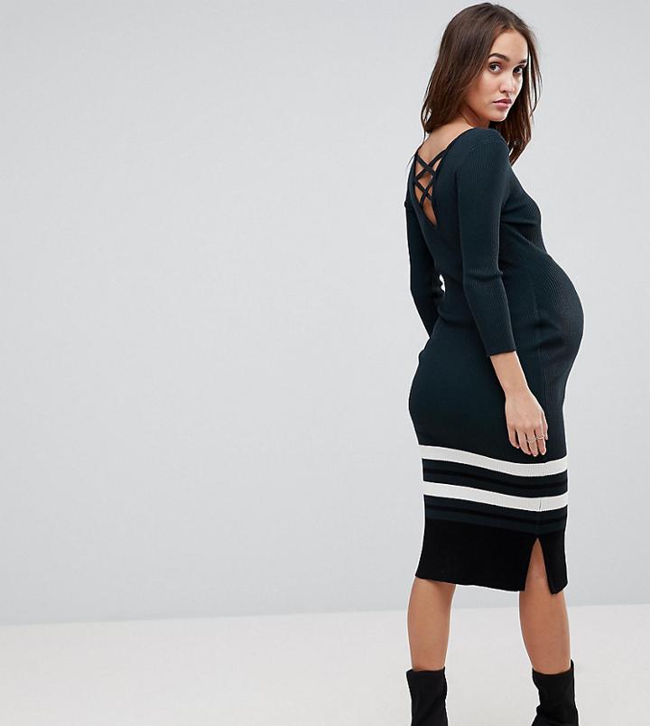 New Look Maternity Knitted Lattice Back Midi Dress - Green