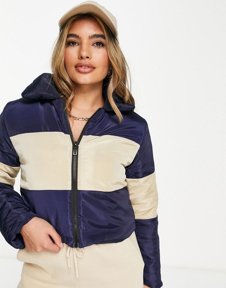 I Saw It First Cropped Puffer Jacket In Color Block Navy And Beige