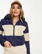 I Saw It First Cropped Puffer Jacket In Color Block Navy And Beige