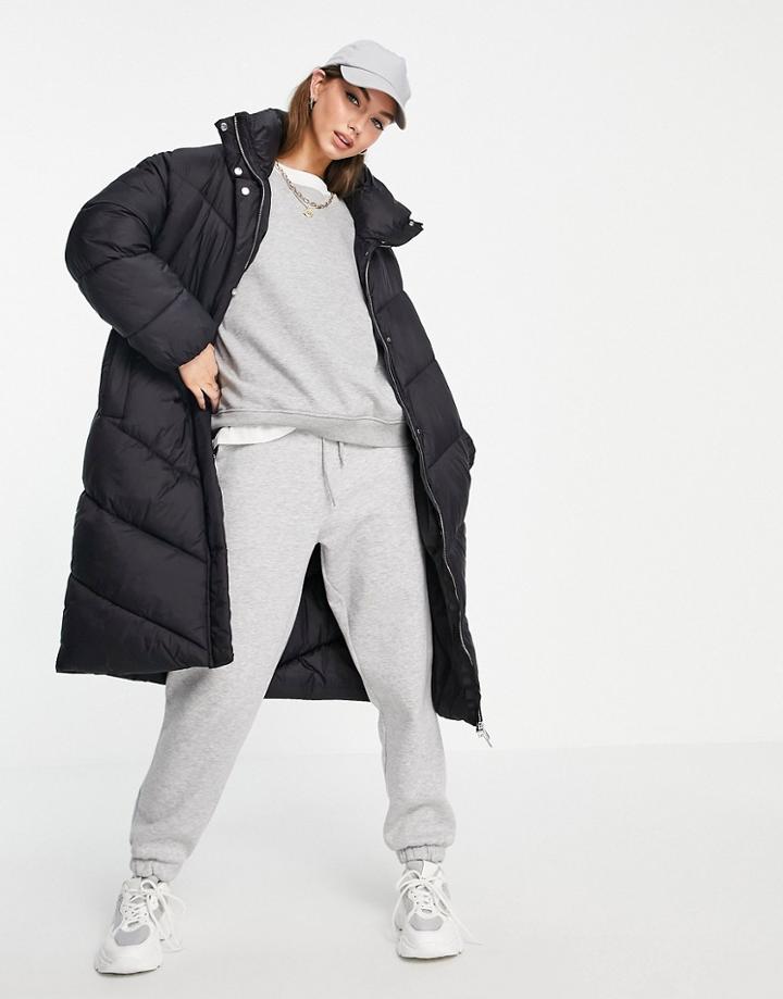 Mango Longline Padded Puffer Coat In Black