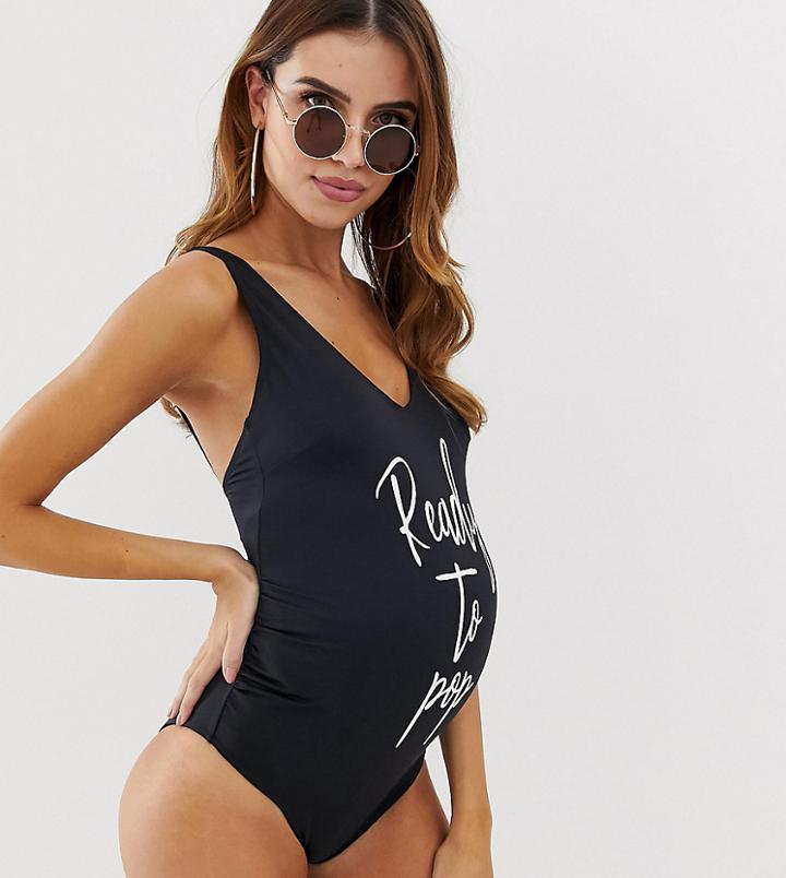 Asos Design Maternity Recycled 'ready To Pop' Slogan Swimsuit In Black - Black