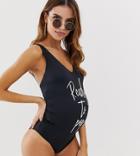 Asos Design Maternity Recycled 'ready To Pop' Slogan Swimsuit In Black - Black