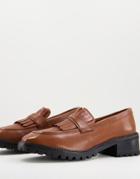 Asos Design Heeled Loafers In Tan Leather With Fringe Detail-brown