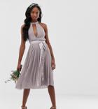 Tfnc Tall Pleated Midi Bridesmaid Dress With Cross Back And Bow Detail - Gray
