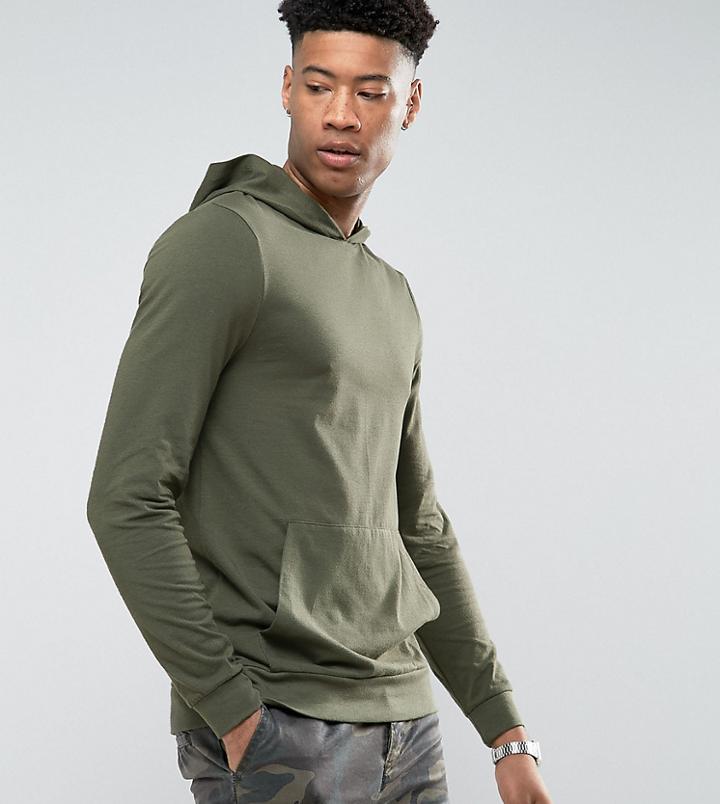 Asos Tall Lightweight Muscle Hoodie In Khaki - Green