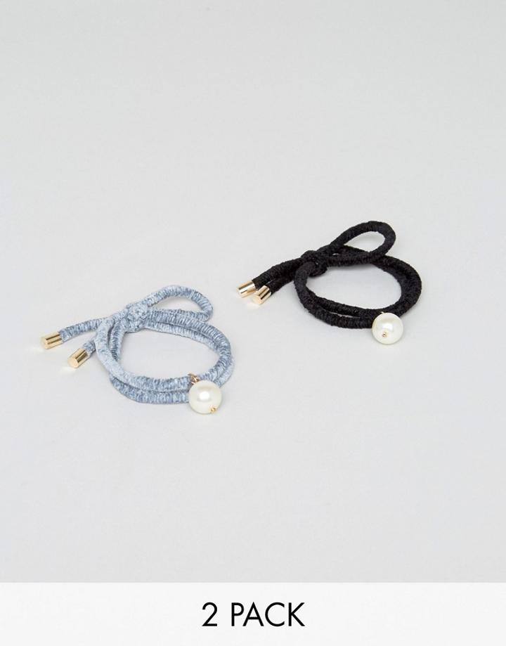 Asos Pack Of 2 Velvet & Pearl Hair Ties - Multi