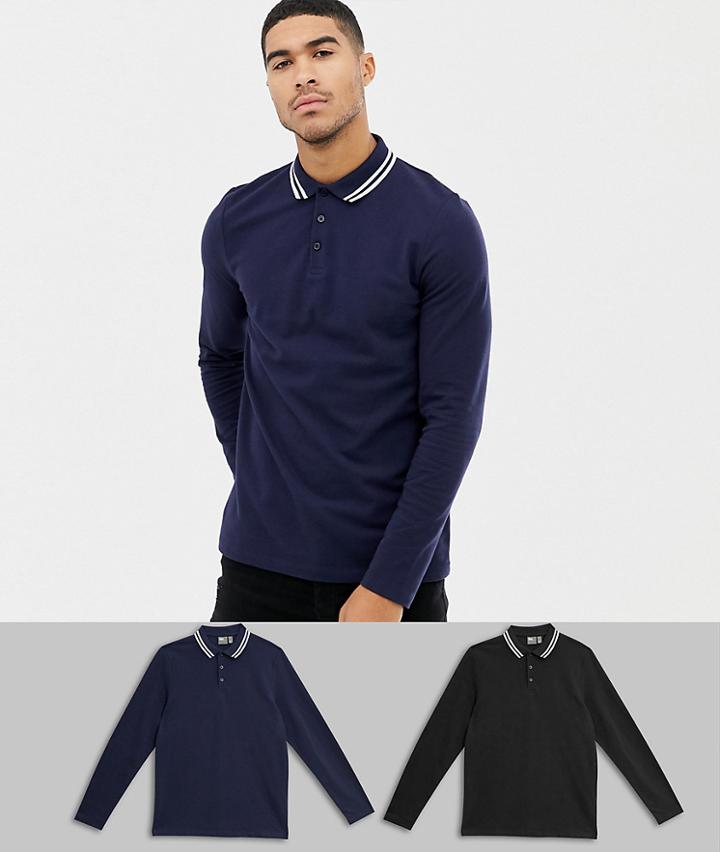 Asos Design Long Sleeve Pique Polo Shirt With Tipping 2 Pack Save - Multi