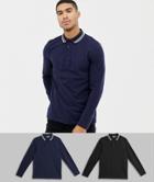 Asos Design Long Sleeve Pique Polo Shirt With Tipping 2 Pack Save - Multi