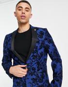 Twisted Tailor Jackalope Skinny Suit Jacket In Blue With Navy Flocking-blues