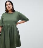 Asos Design Curve Cotton Slubby Frill Sleeve Smock Dress - Green