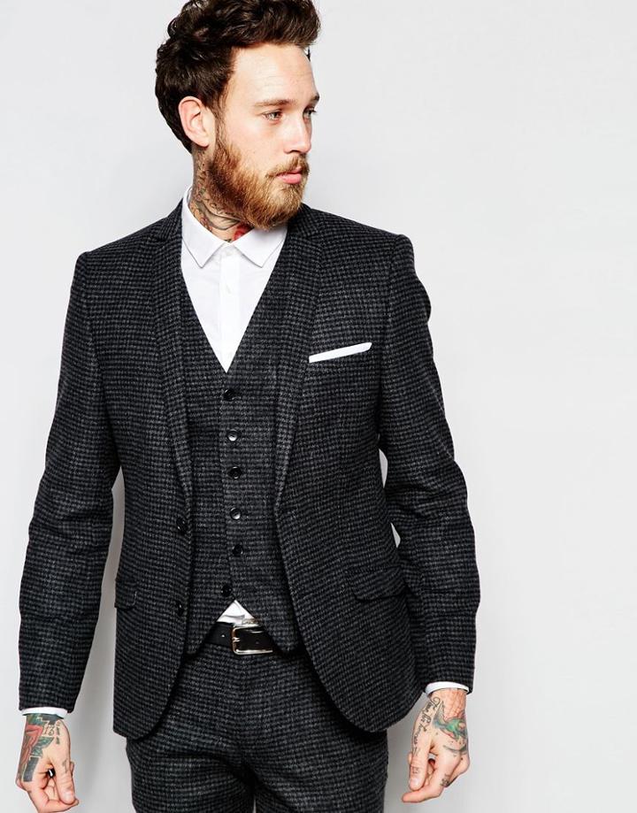 Heart & Dagger Houndstooth Suit Jacket In Super Skinny Fit - Charcoal