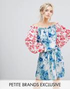 White Cove Petite Allover Mix Match Floral Offshoulder Mini Dress With Fluted Sleeve Detail - Multi