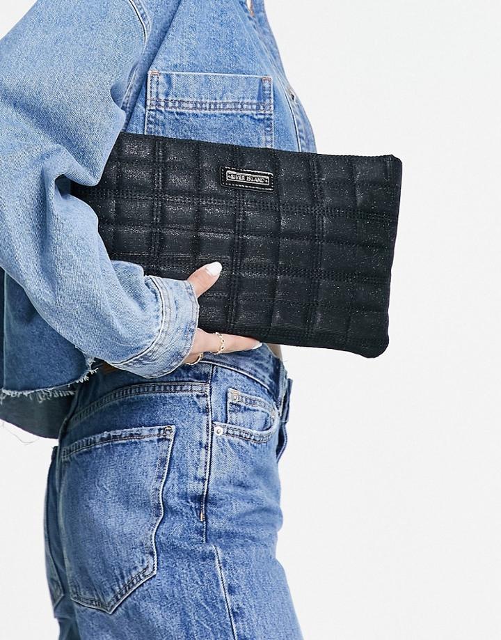 River Island Glitter Quilted Clutch Bag In Black