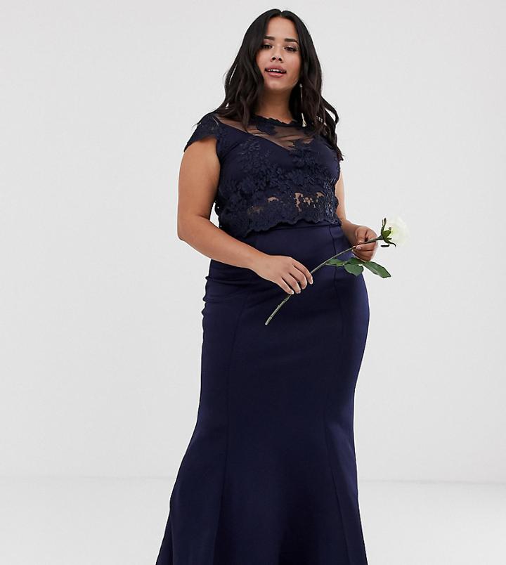Club L Plus Bridesmaid Applique Embroidery Detail Crop Top-navy