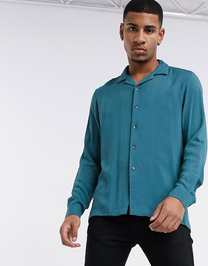 Asos Design Regular Fit Viscose Shirt With Camp Collar In Teal-green