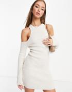 Asos Design Knit Mini Dress With Open Shoulder In Beige-neutral