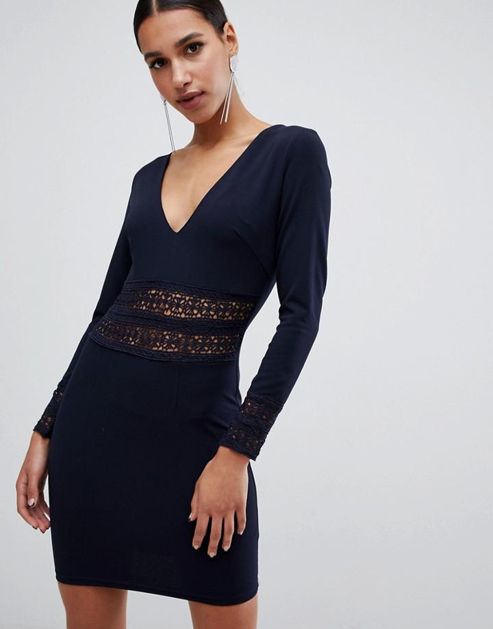 Ax Paris Long Sleeve V Neck Dress - Navy