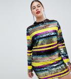 Club L Plus Stripe Sequins Bodycon Dress With High Neck - Multi