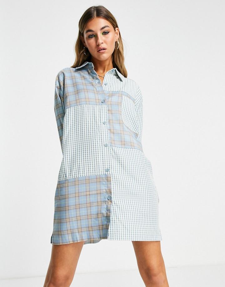 The Ragged Priest Oversized Shirt Dress In Mix Check & Stripe-blues