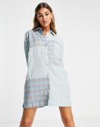 The Ragged Priest Oversized Shirt Dress In Mix Check & Stripe-blues