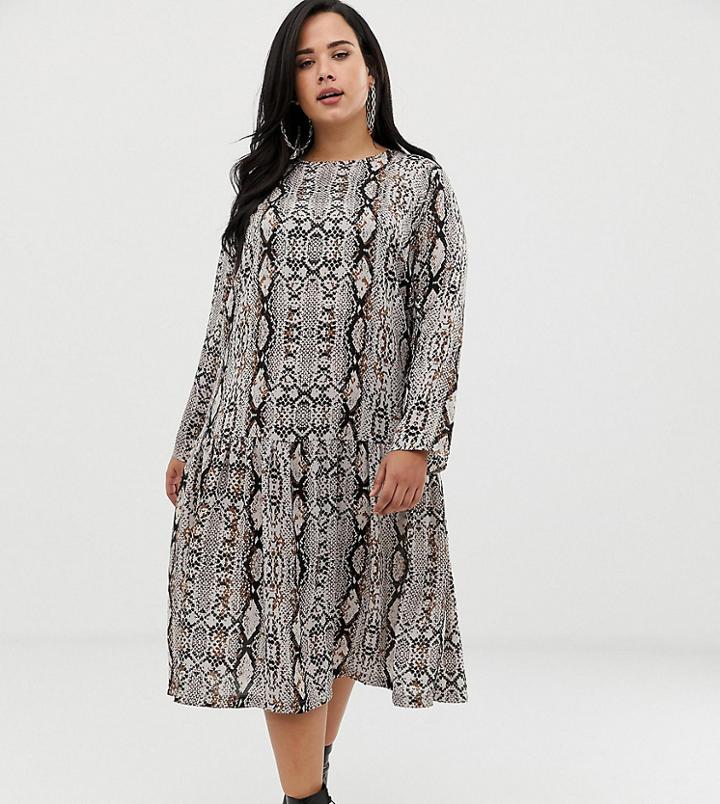 Asos Design Curve Midi Smock Dress In Snake Print - Multi