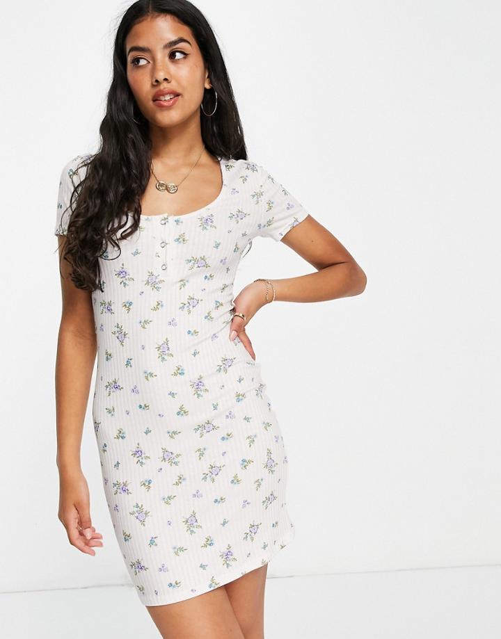 Asos Design Short Sleeve Ribbed Mini Dress In White And Blue Ditsy Floral-multi