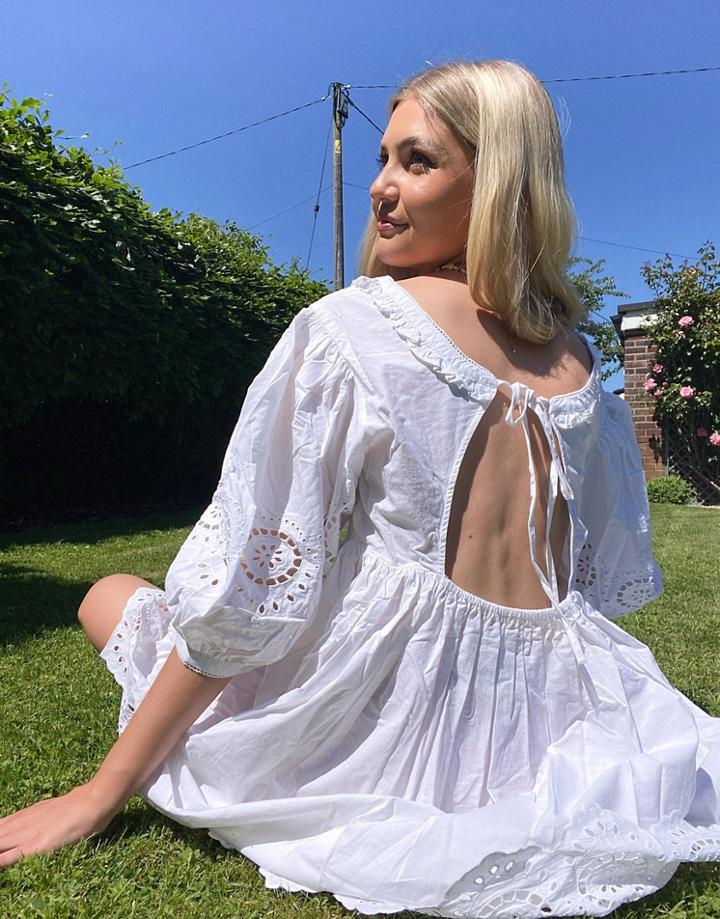 Nobody's Child Mini Smock Dress With Broiderie Detail-white