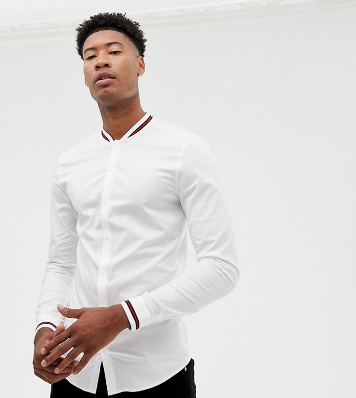 Asos Design Tall Skinny Fit Shirt With Sporty Rib Collar - White