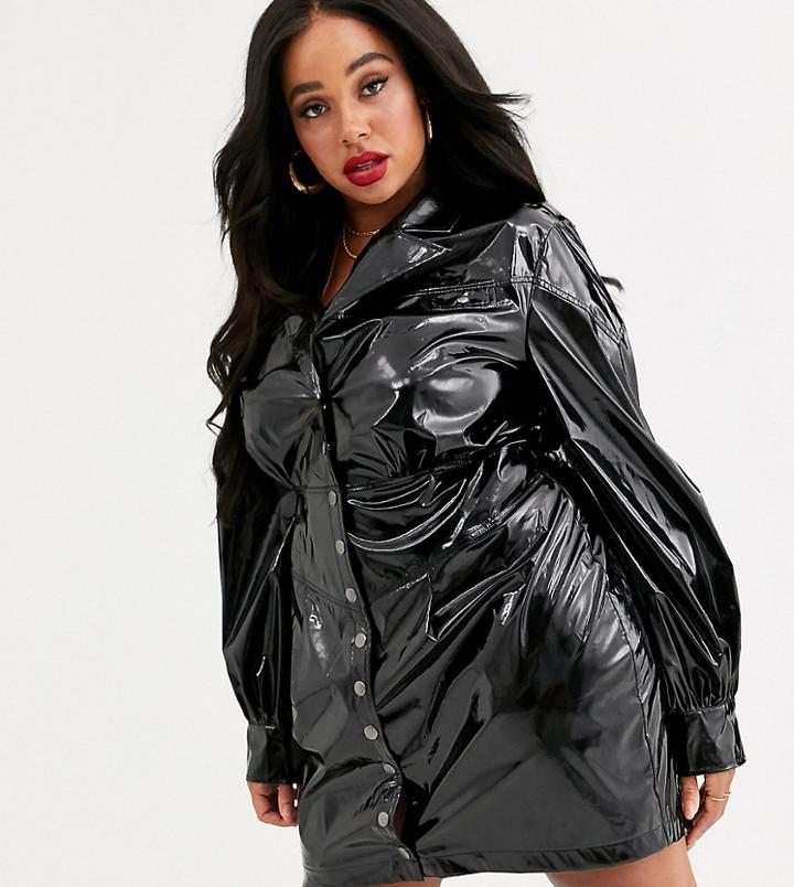 Skylar Rose Plus Mini Dress With Balloon Sleeves In Vinyl-black