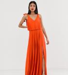 Asos Design Tall Tie Shoulder Pleated Crop Top Maxi Dress - Orange