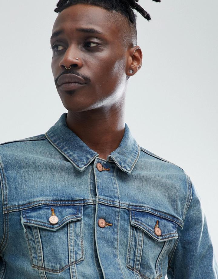 Asos Design Skinny Denim Jacket In Mid Wash - Blue