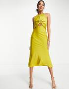 Asos Design Knot Front Satin Midi Dress With Tie Back Detail In Olive-green