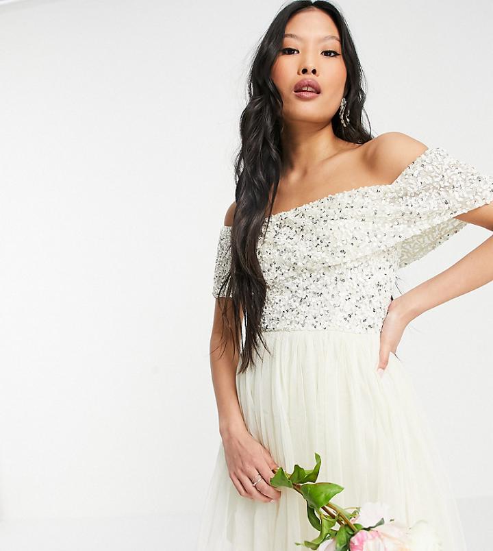 Maya Petite Off Shoulder Mini Tulle Dress With Tonal Delicate Sequin In Ecru-white