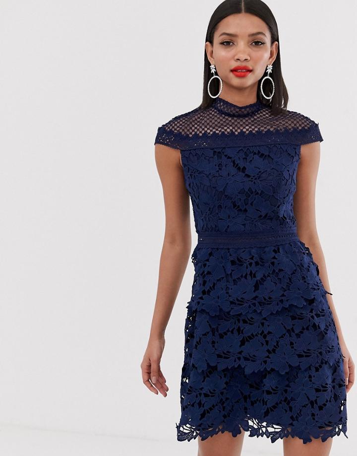 Chi Chi London Tiered Lace A Line Mini Dress In Navy - Navy