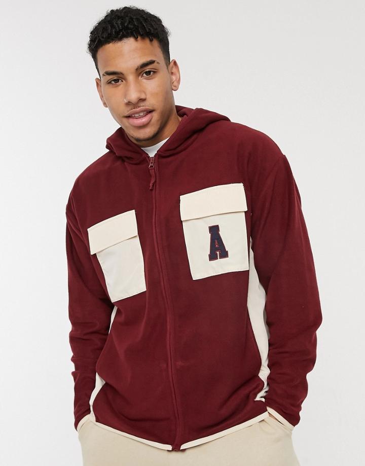 Asos Actual Zip Through Hooded Polar Fleece Jacket In Burgundy With Embroidered Logo