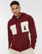 Asos Actual Zip Through Hooded Polar Fleece Jacket In Burgundy With Embroidered Logo