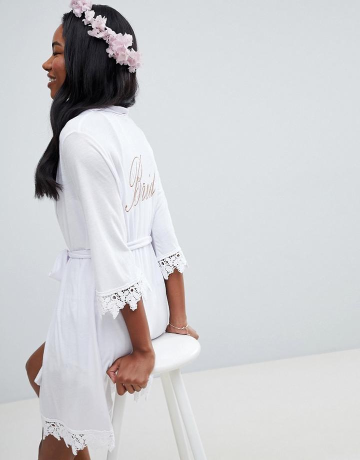 Asos Design Bridal Bride Kimono Robe With Lace Trim - White
