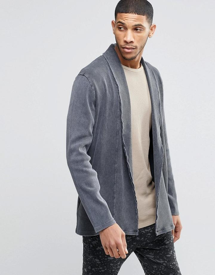 Asos Super Longline Cardigan In Heavy Rib With Acid Wash - Gray