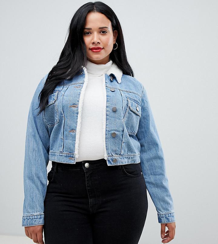 Asos Design Curve Denim Shrunken Jacket With Fleece Collar In Midwash Blue - Blue