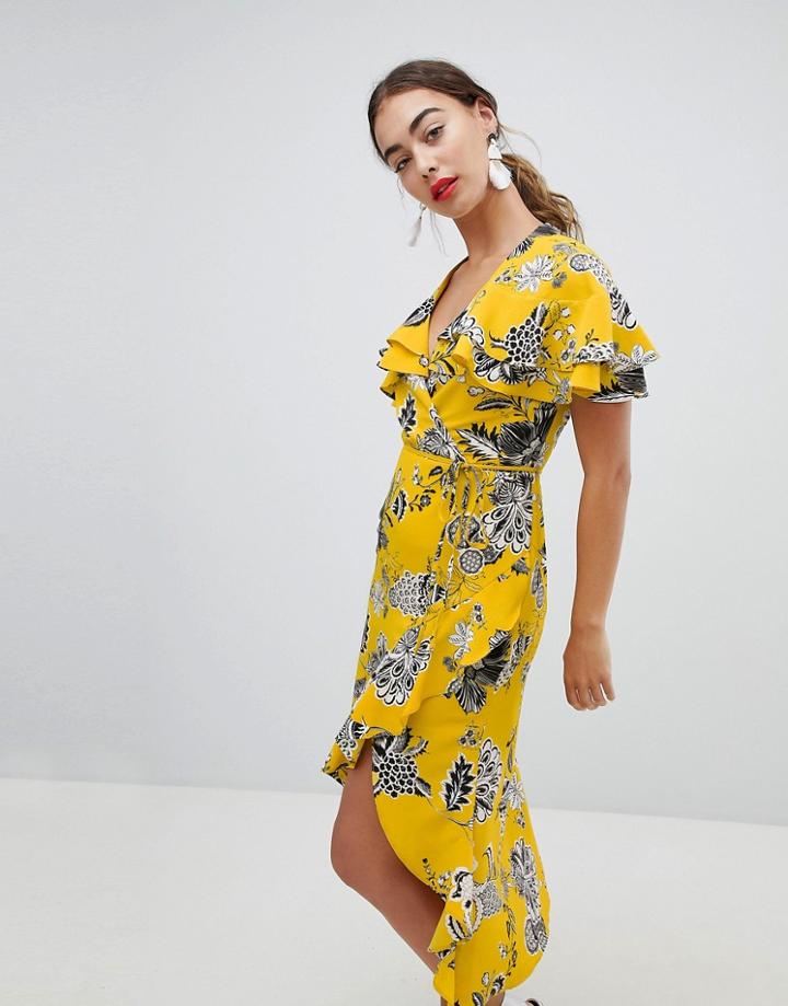 River Island Ruffle Wrap Front Midi Dress-yellow