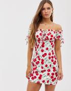 Glamorous Off Shoulder Ruched Bodycon Dress With Ties In Cherry Print