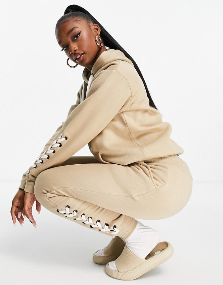 Pindydoll Hoodie And Sweatpants Set With Lace-up Detail In Stone-neutral