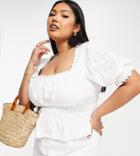 Asos Design Curve Square Neck Broderie Top With Ruched Bust And Shirring In White