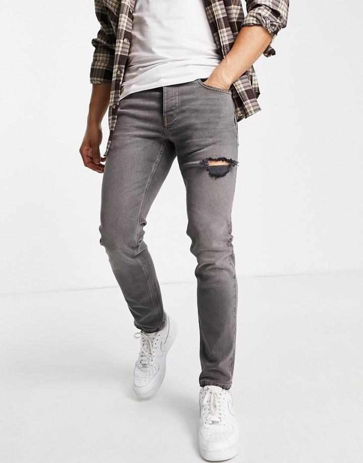 Asos Design Stretch Slim Jeans In Gray Wash With Abrasions