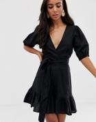 Asos Design Tie Front Wrap Mini Dress - Black