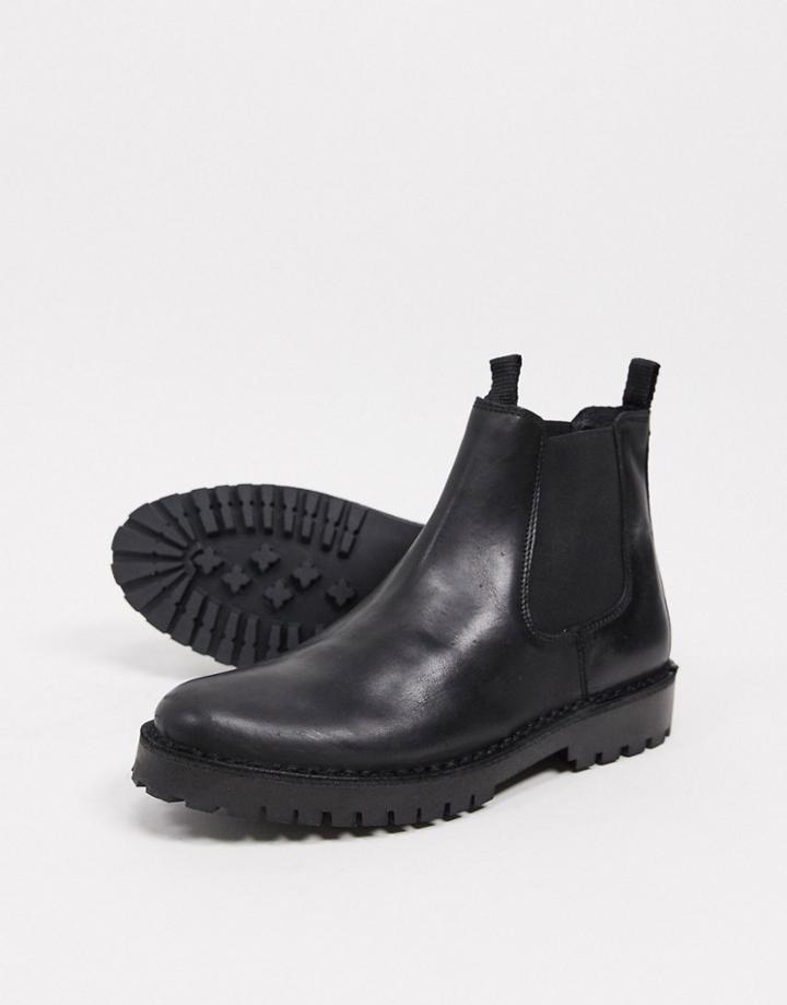 Selected Homme Leather Chelsea Boot With Chunky Sole In Black