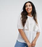 Asos Curve Ruffle Smock Blouse With Eyelet Detail And Lace Insert - Cream